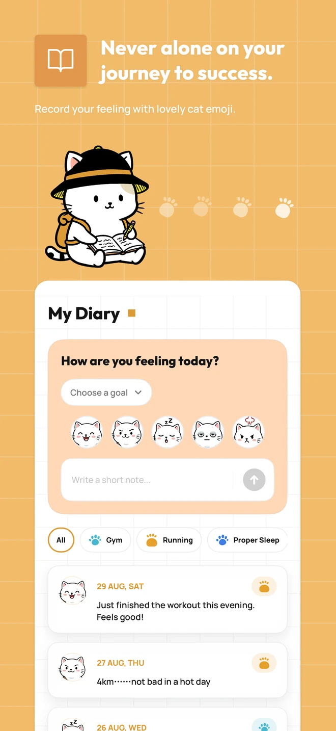 Purrpose diary artwork showing cat mood choices and short notes alongside personal priorities.