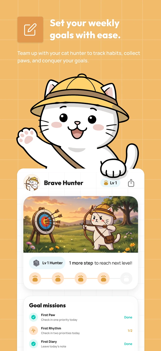 Purrpose artwork showing weekly goals, a growing hunter level and goal missions.