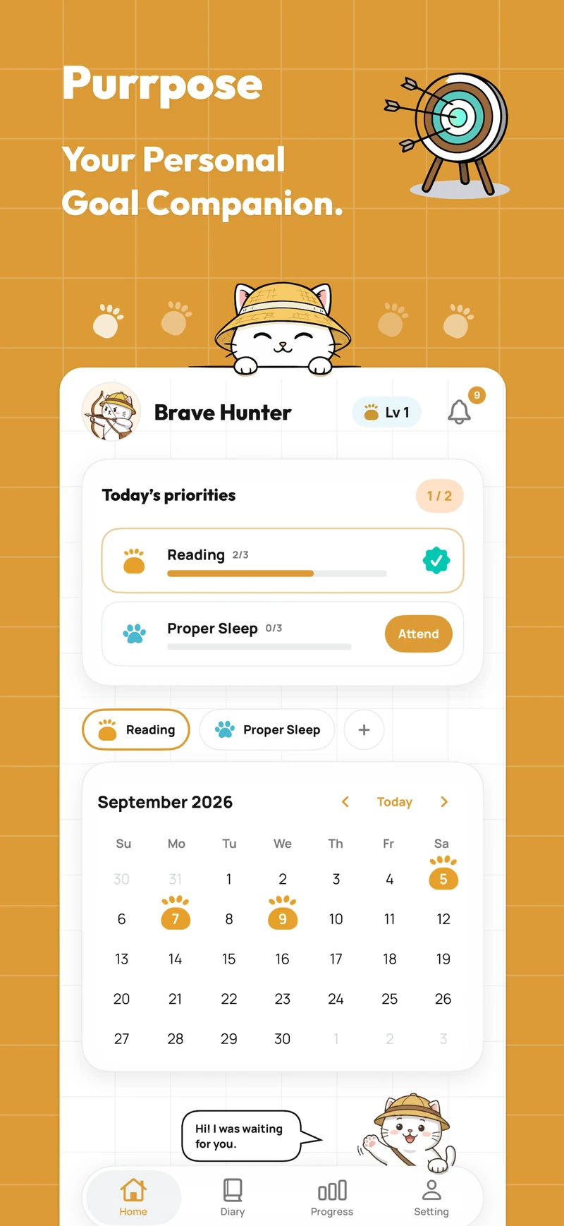 Purrpose App Store artwork showing the cat companion, personal priorities and a check-in calendar.