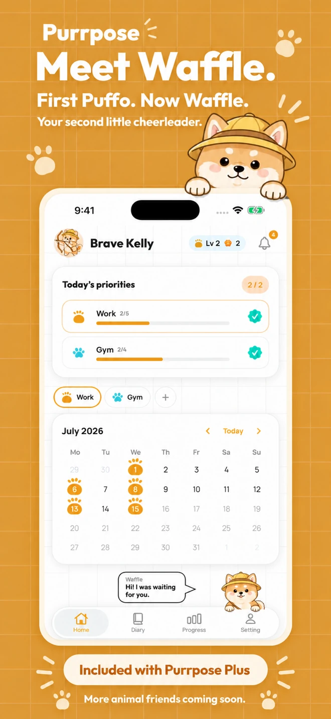 Meet Waffle: Purrpose’s Shiba companion, included with Purrpose Plus.