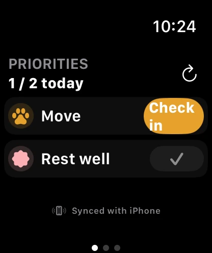 The Purrpose Apple Watch overview with Move and Rest well priorities and a Check in button.