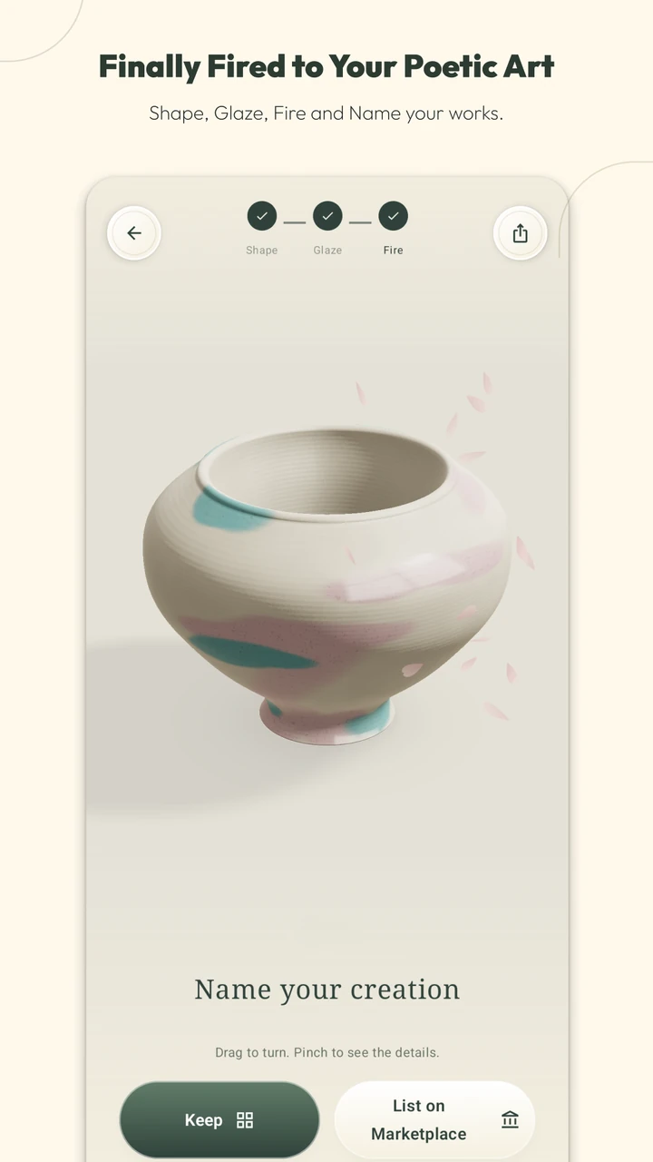 A finished bowl with pink and turquoise glaze, ready to name and keep in the gallery or offer to simulated collectors.