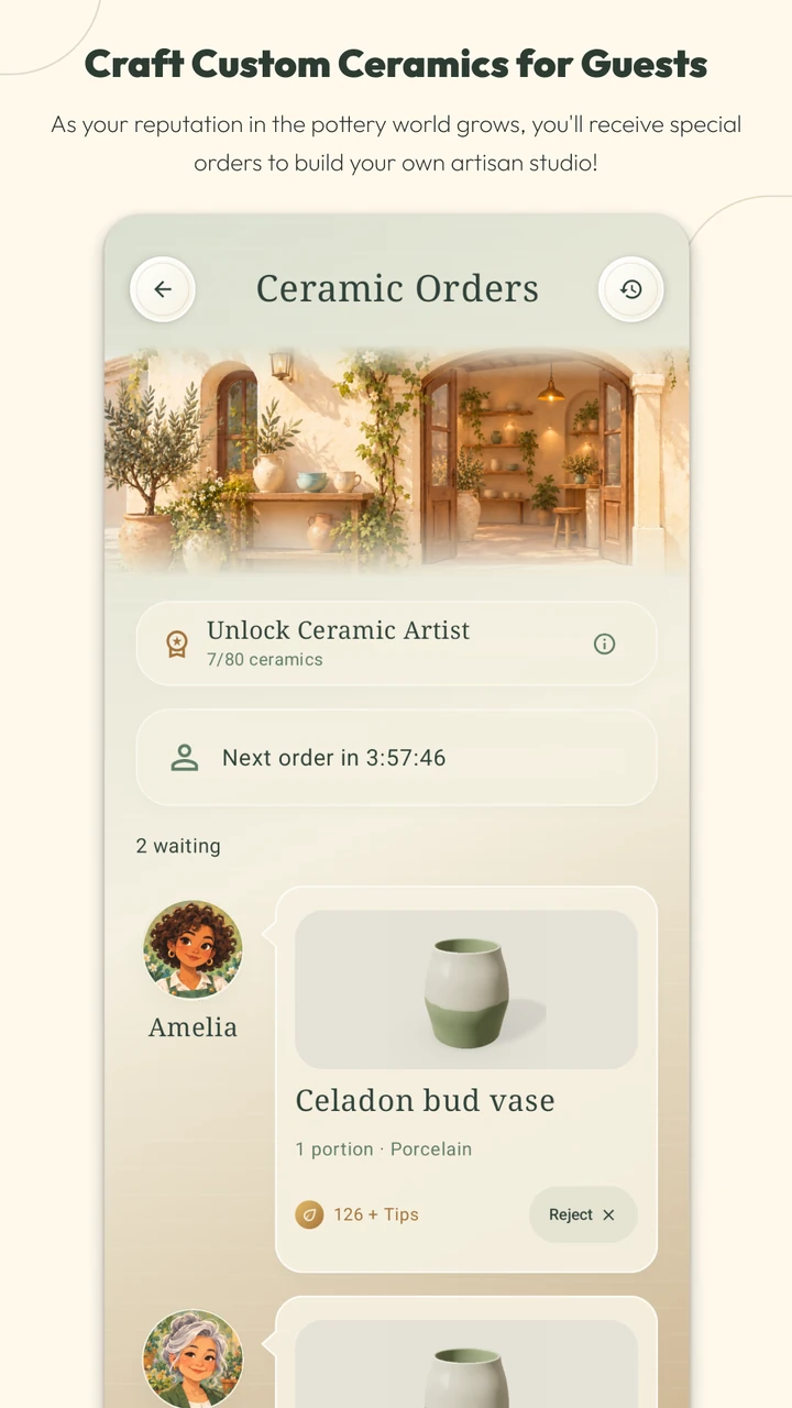 Ceramic Orders in Still Clay, showing a simulated customer's celadon vase request and game-coin reward.