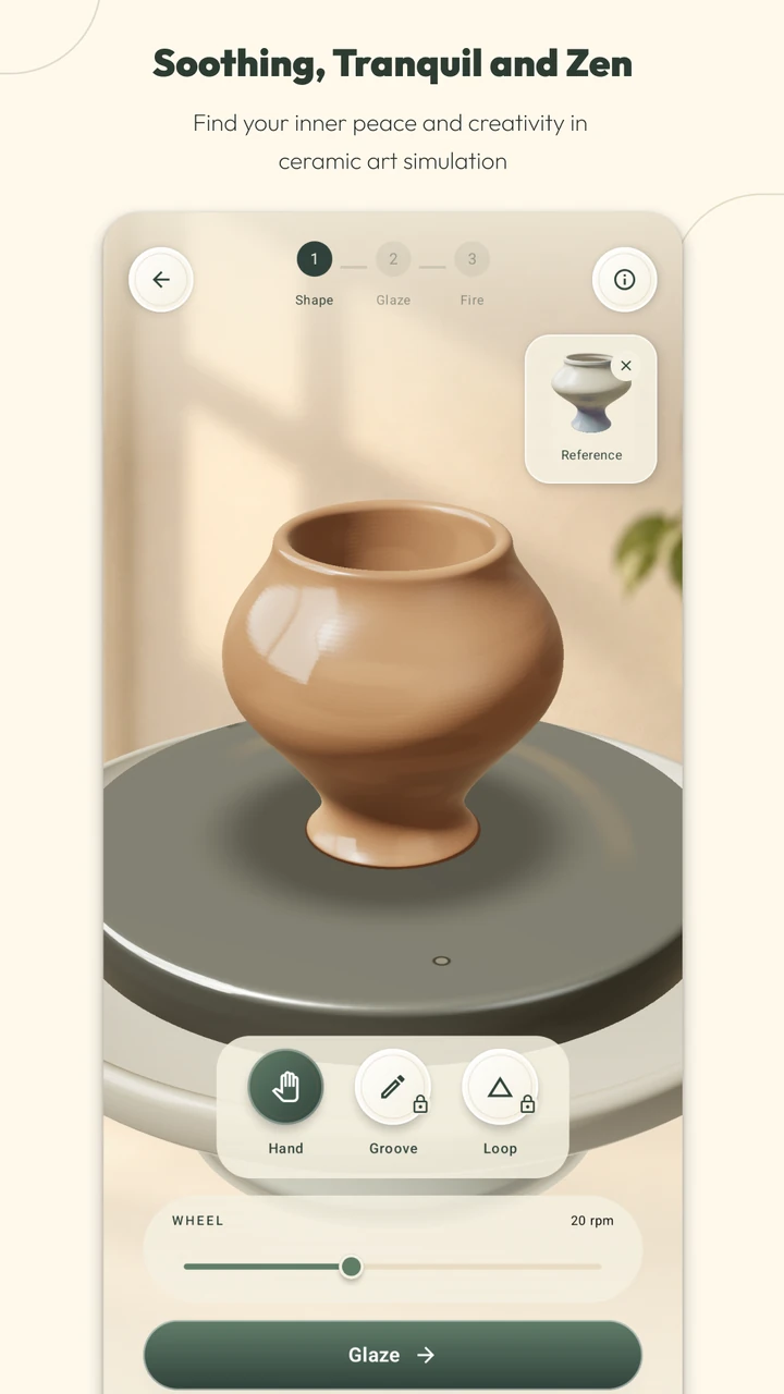 Android shaping screen showing a rounded clay vessel, a reference piece and hand-shaping controls.